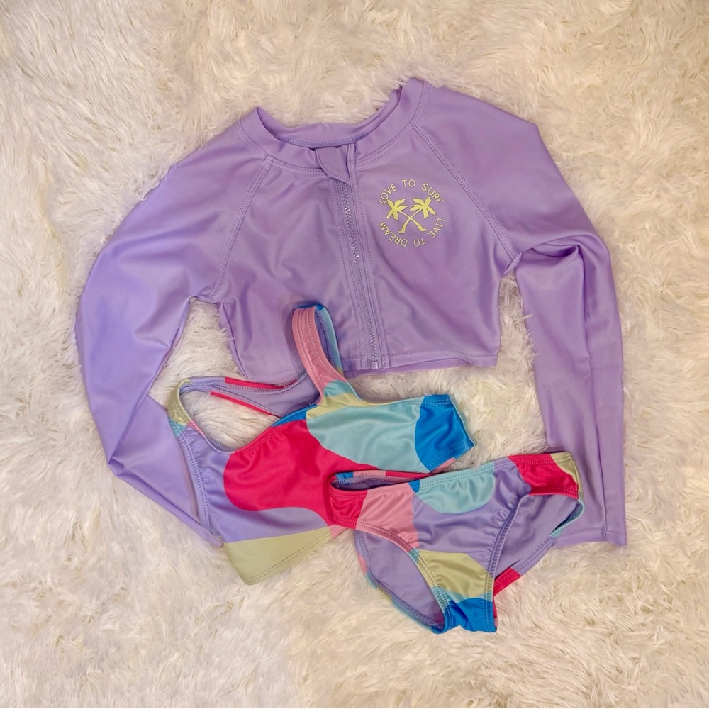 wonder nation Lavender Zip Rash Guard with Multicolor Patchwork Bikini Set